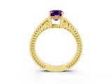 Yellow gold Emerald Cut Amethyst Ring with Milgrain Pavé Band and Four-Prong Setting_15