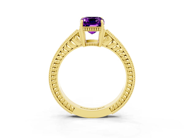 Yellow gold Emerald Cut Amethyst Ring with Milgrain Pavé Band and Four-Prong Setting