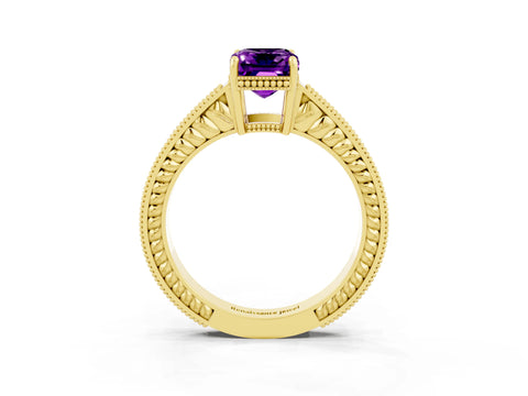 Yellow gold Emerald Cut Amethyst Ring with Milgrain Pavé Band and Four-Prong Setting_15