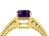 Yellow gold Emerald Cut Amethyst Ring with Milgrain Pavé Band and Four-Prong Setting_16