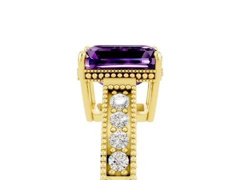 Yellow gold Emerald Cut Amethyst Ring with Milgrain Pavé Band and Four-Prong Setting_17