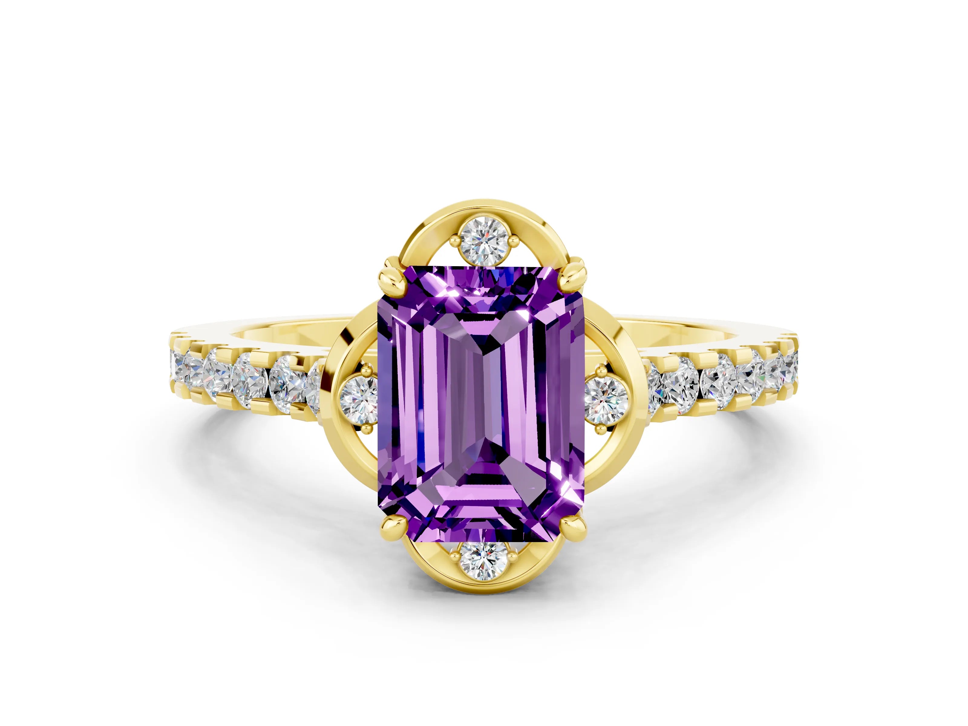 Yellow gold Emerald Cut Amethyst Ring with Pavé Band and Floral Prong Setting