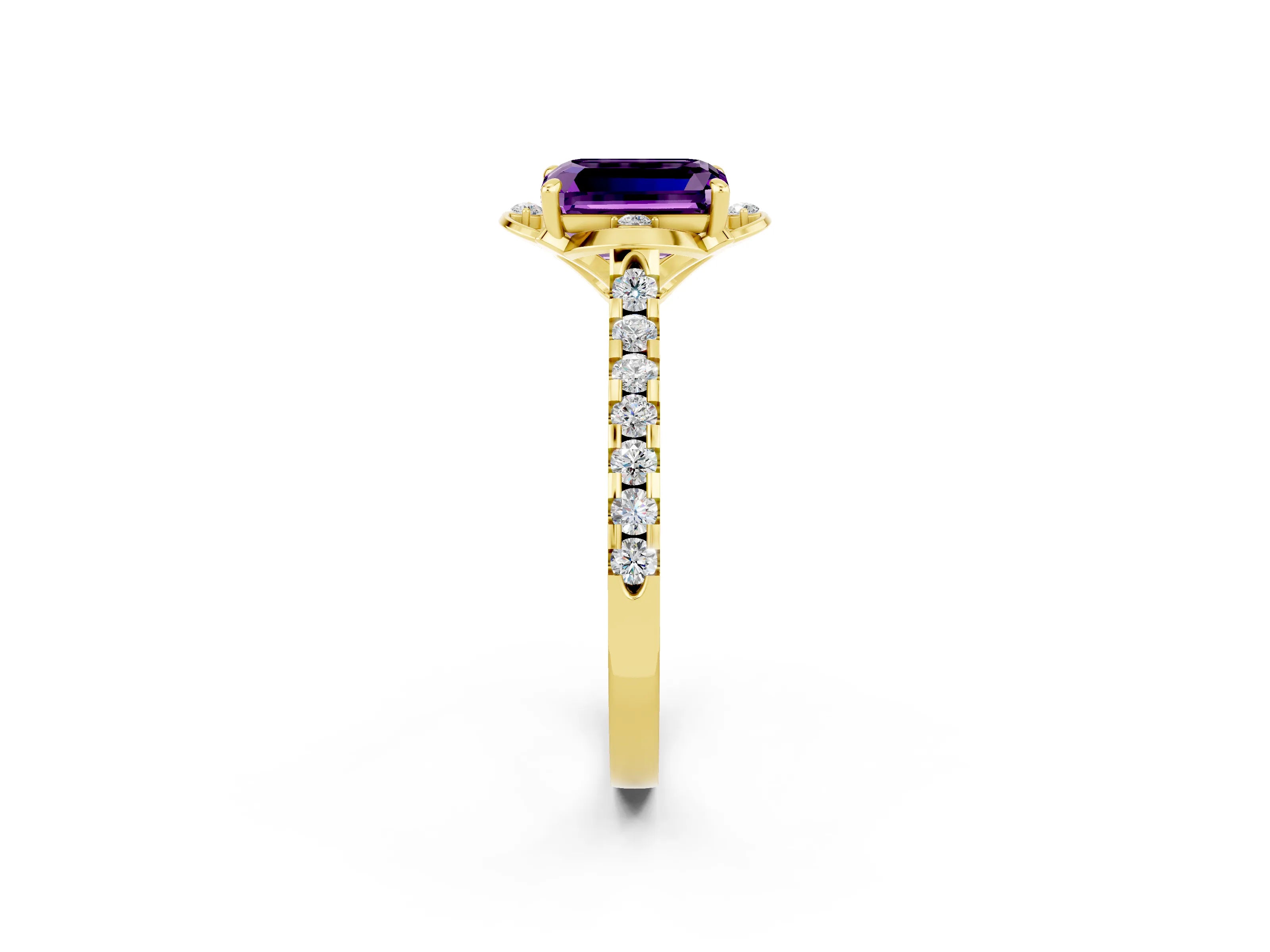 Yellow gold Emerald Cut Amethyst Ring with Pavé Band and Floral Prong Setting_2