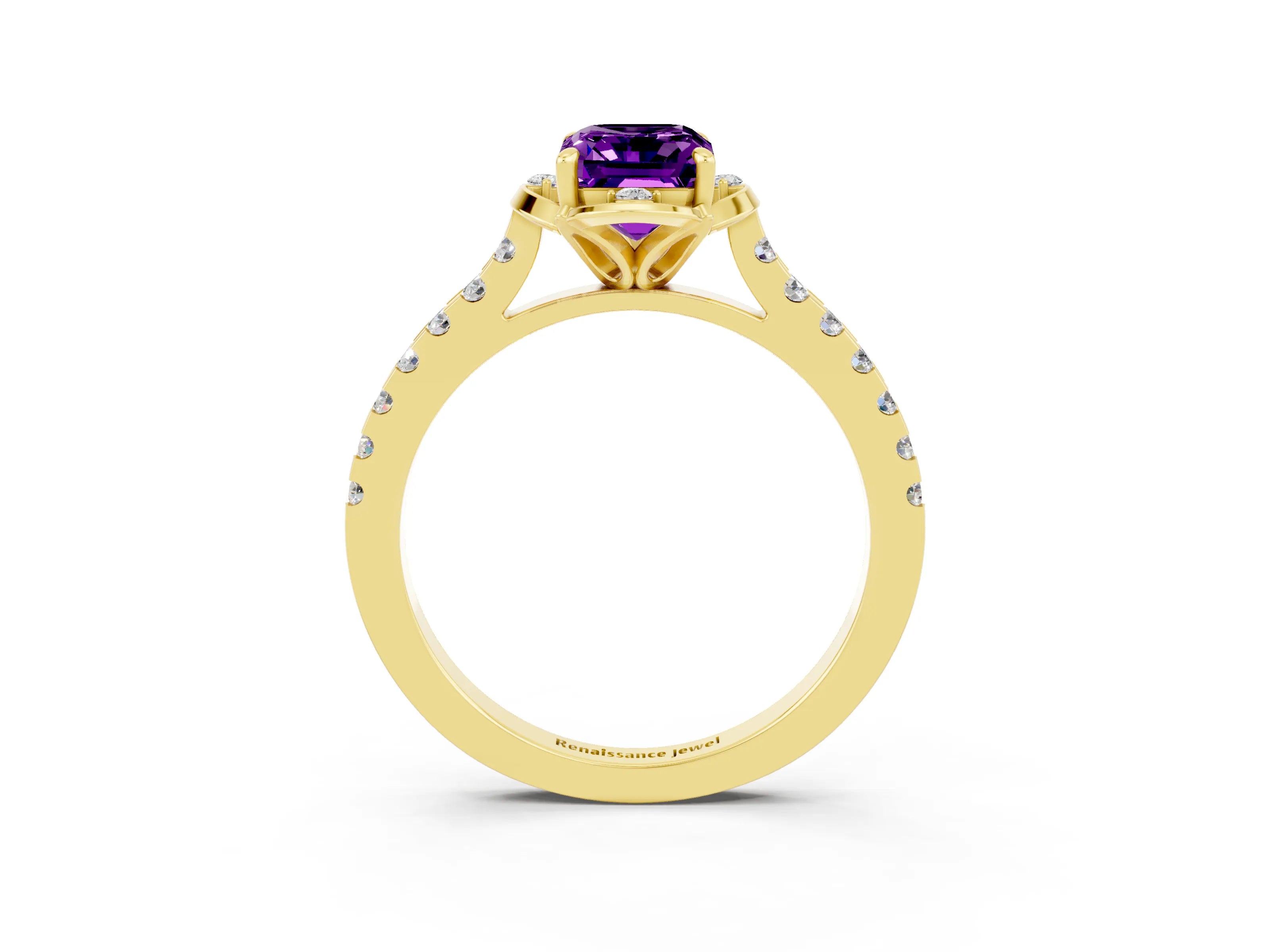 Yellow gold Emerald Cut Amethyst Ring with Pavé Band and Floral Prong Setting_3