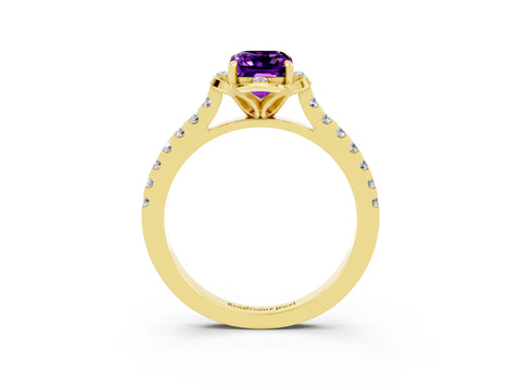 Yellow gold Emerald Cut Amethyst Ring with Pavé Band and Floral Prong Setting_3
