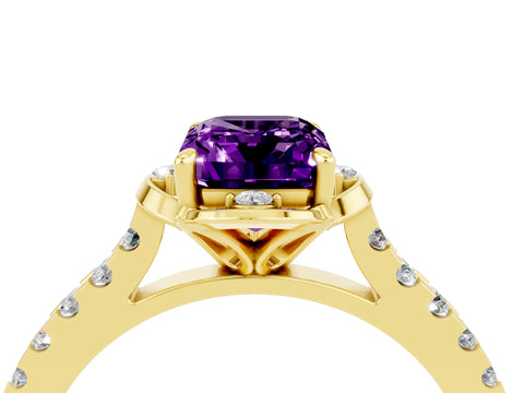 Yellow gold Emerald Cut Amethyst Ring with Pavé Band and Floral Prong Setting_4