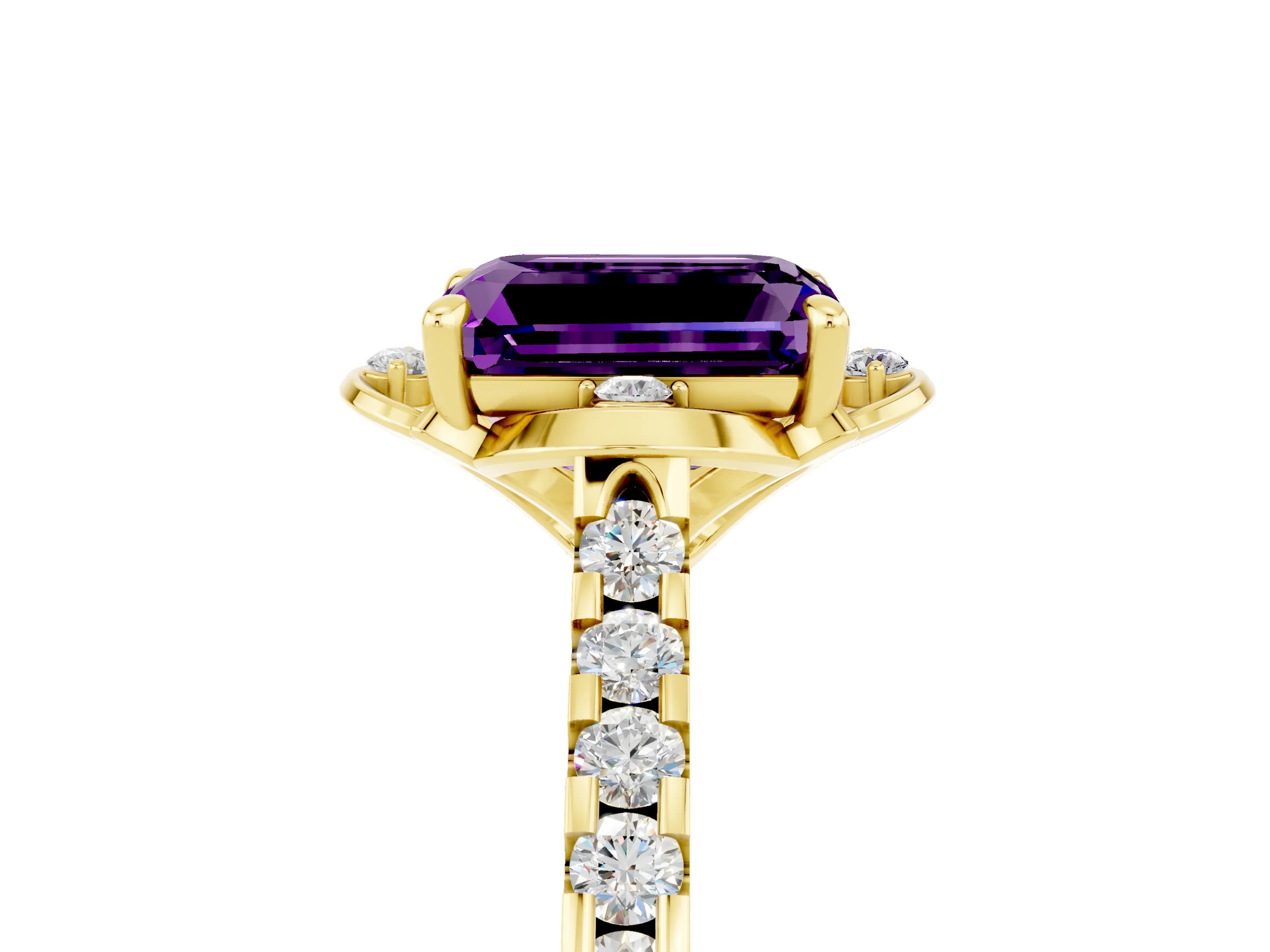 Yellow gold Emerald Cut Amethyst Ring with Pavé Band and Floral Prong Setting_5
