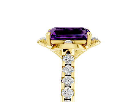 Yellow gold Emerald Cut Amethyst Ring with Pavé Band and Floral Prong Setting_5