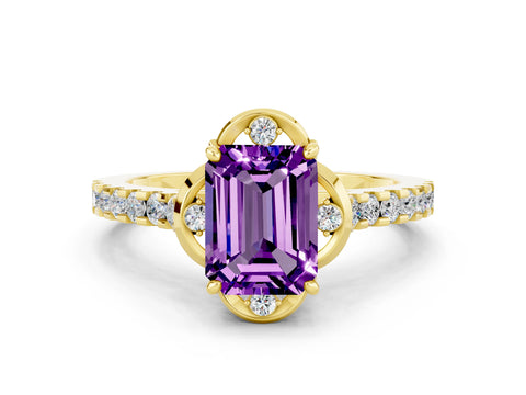 Yellow gold Emerald Cut Amethyst Ring with Pavé Band and Floral Prong Setting