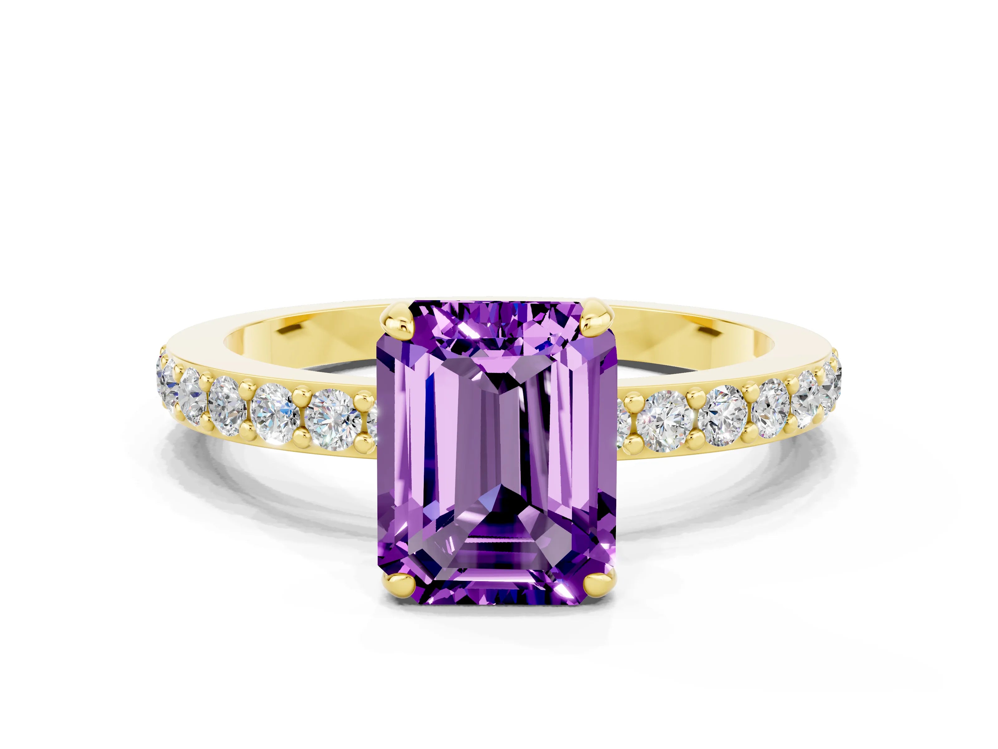Yellow gold Emerald Cut Amethyst Ring with Pavé Band and Four-Prong Setting