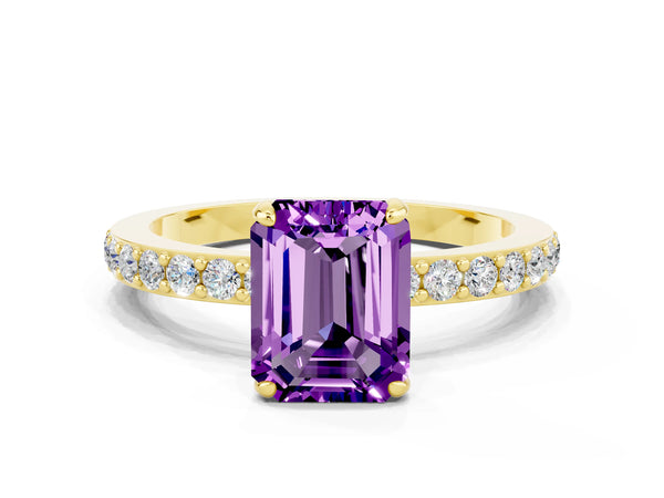 Yellow gold Emerald Cut Amethyst Pavé Engagement Ring with Round  Accents and Prong Setting