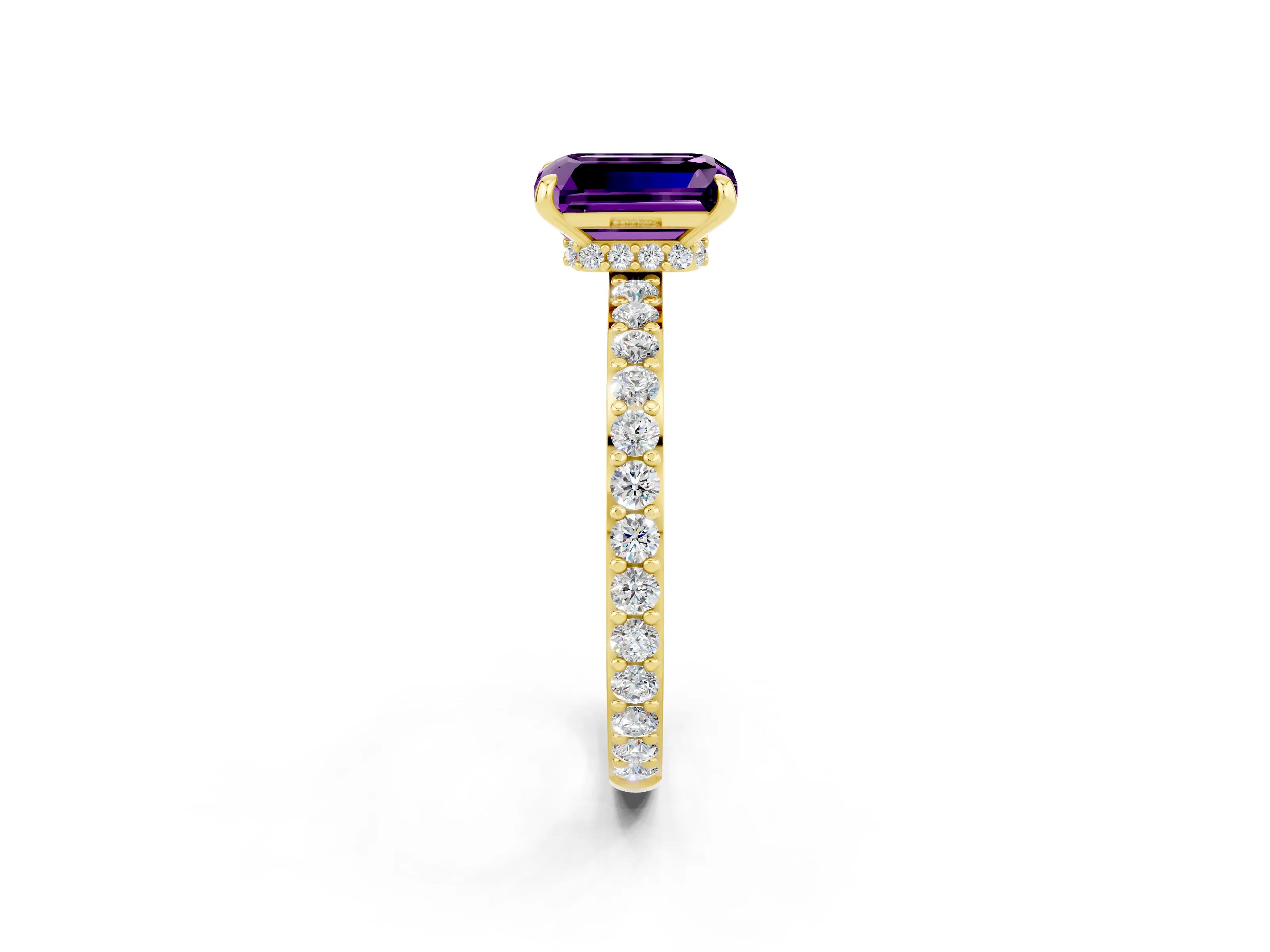 Yellow gold Emerald Cut Amethyst Ring with Pavé Band and Four-Prong Setting_2