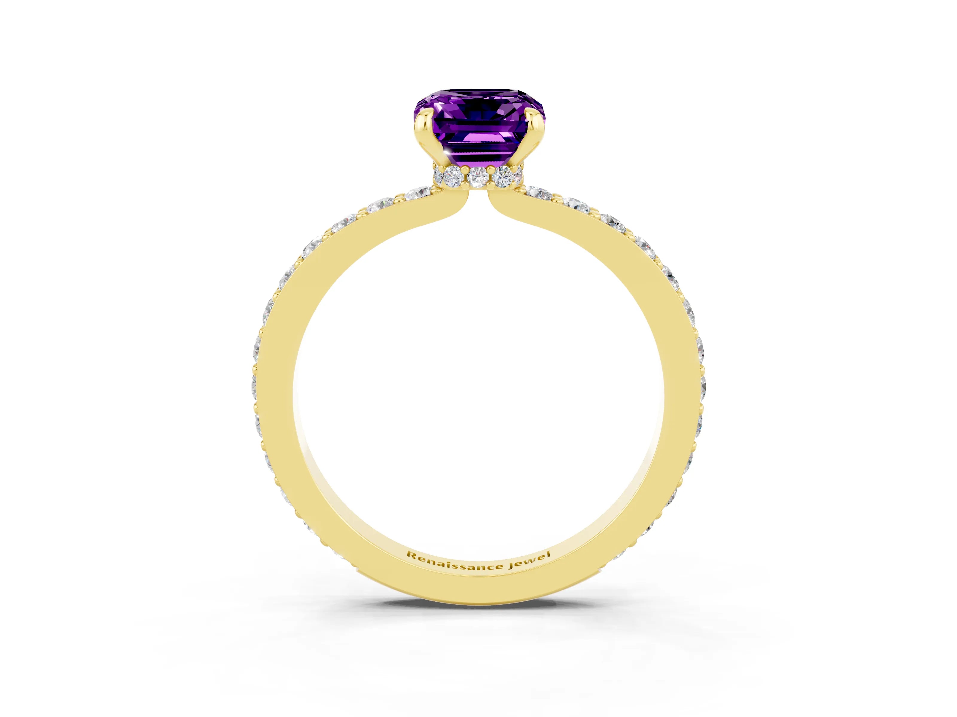 Yellow gold Emerald Cut Amethyst Ring with Pavé Band and Four-Prong Setting_3