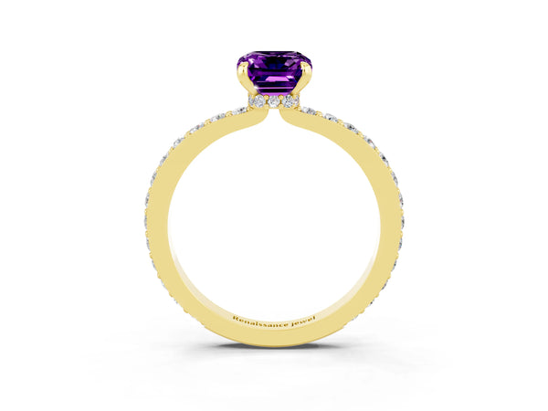 Yellow gold Emerald Cut Amethyst Pavé Engagement Ring with Round  Accents and Prong Setting