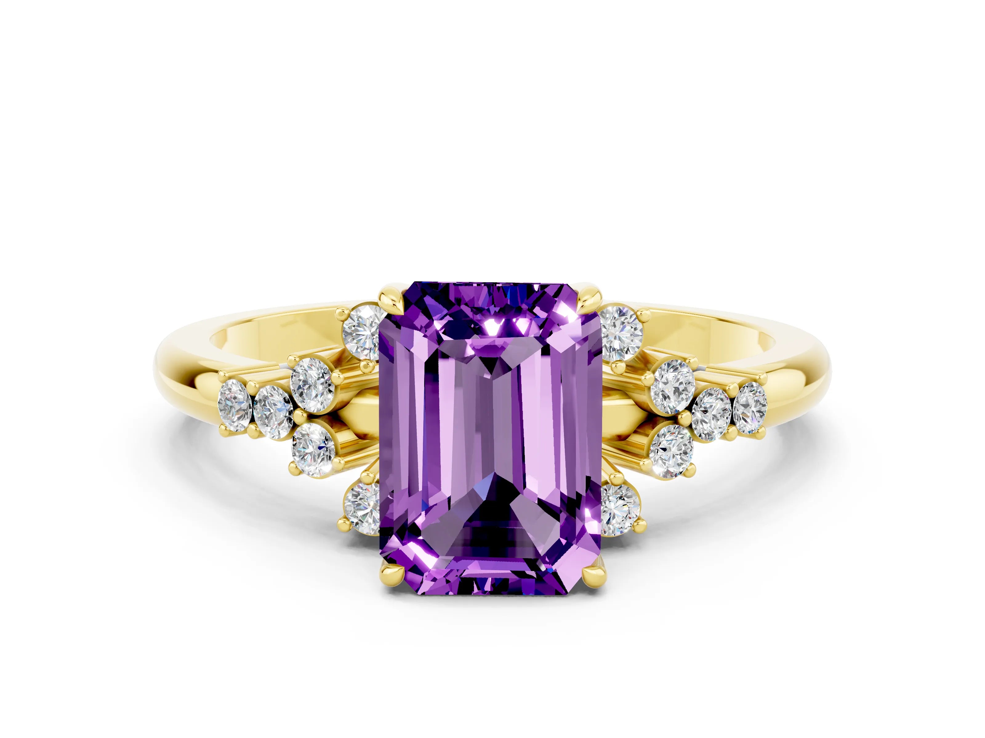 Yellow gold Emerald Cut Amethyst Ring with Side Stones and Four-Prong Setting_36