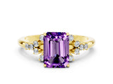 Yellow gold Emerald Cut Amethyst Ring with Side Stones and Four-Prong Setting_36