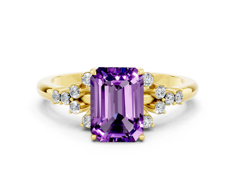Yellow gold Emerald Cut Amethyst Ring with Side Stones and Four-Prong Setting_36