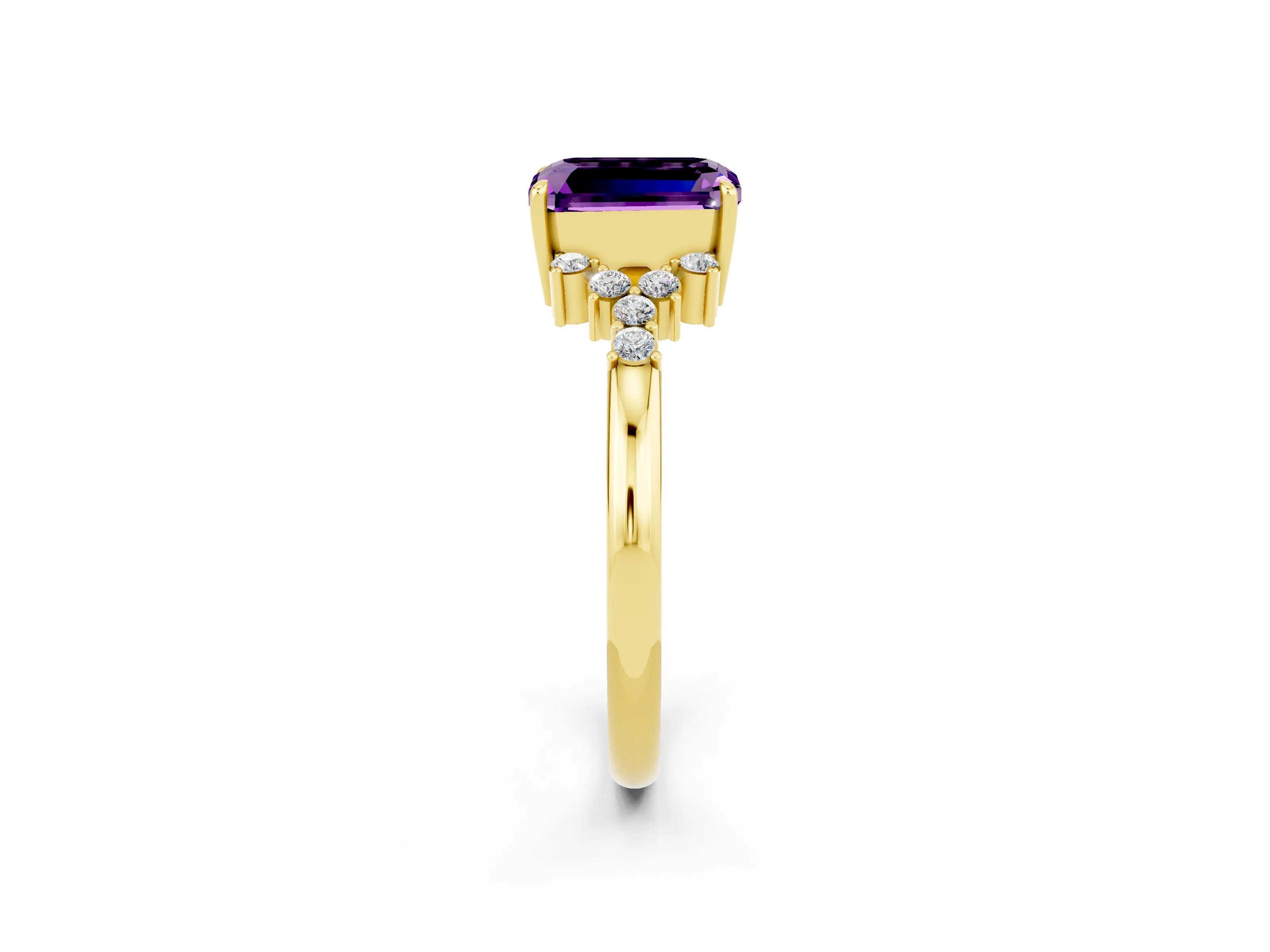 Yellow gold Emerald Cut Amethyst Ring with Side Stones and Four-Prong Setting_38