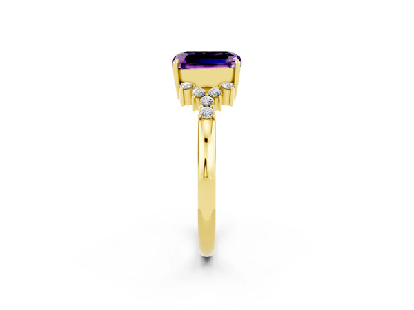 Yellow gold Emerald Cut Amethyst Ring with Side Stones and Four-Prong Setting
