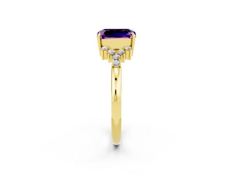 Yellow gold Emerald Cut Amethyst Ring with Side Stones and Four-Prong Setting_38