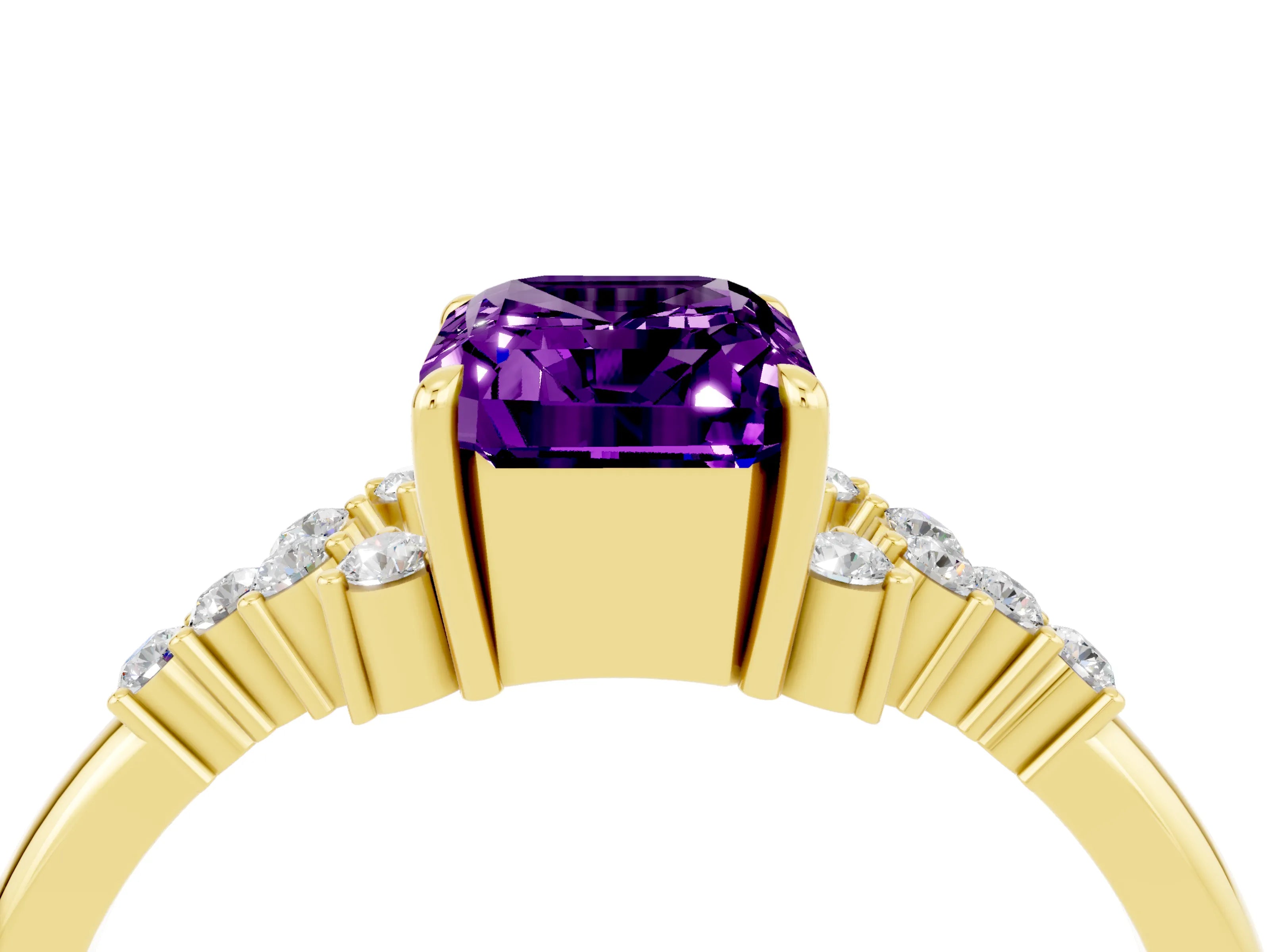 Yellow gold Emerald Cut Amethyst Ring with Side Stones and Four-Prong Setting_40