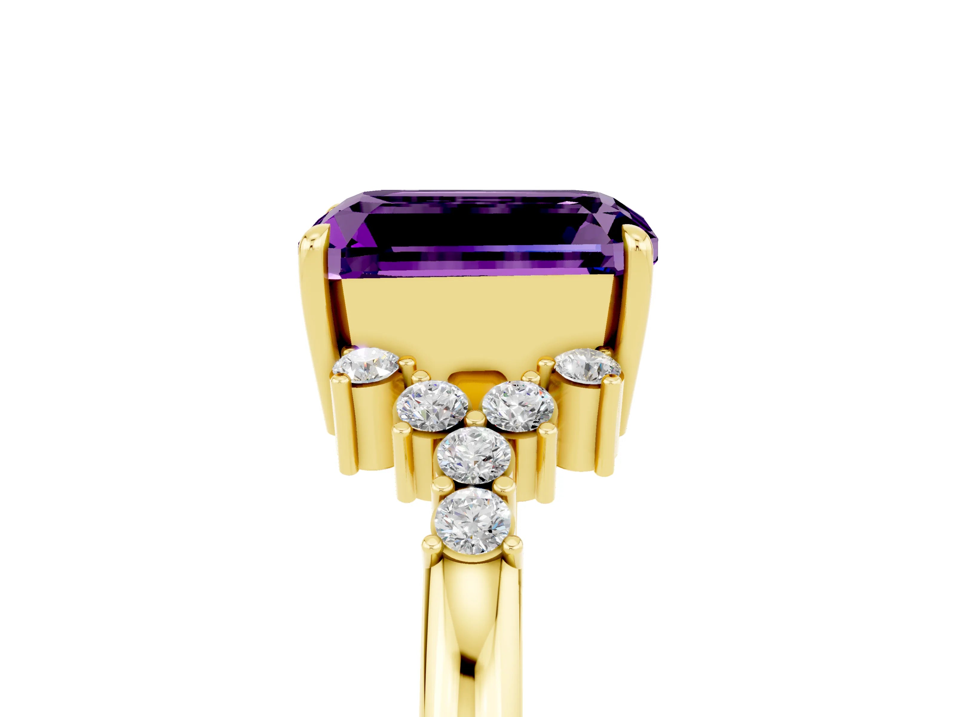 Yellow gold Emerald Cut Amethyst Ring with Side Stones and Four-Prong Setting_41