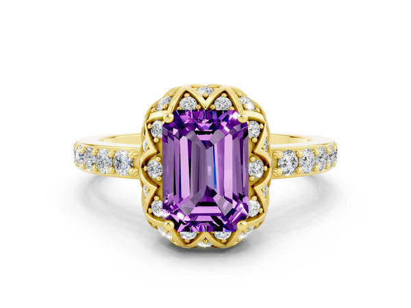 Yellow gold Emerald Cut Amethyst Scalloped Halo Engagement Ring with Round Shared Prong Band