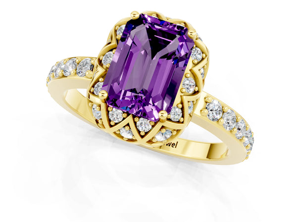 Yellow gold Emerald Cut Amethyst Scalloped Halo Engagement Ring with Round Shared Prong Band