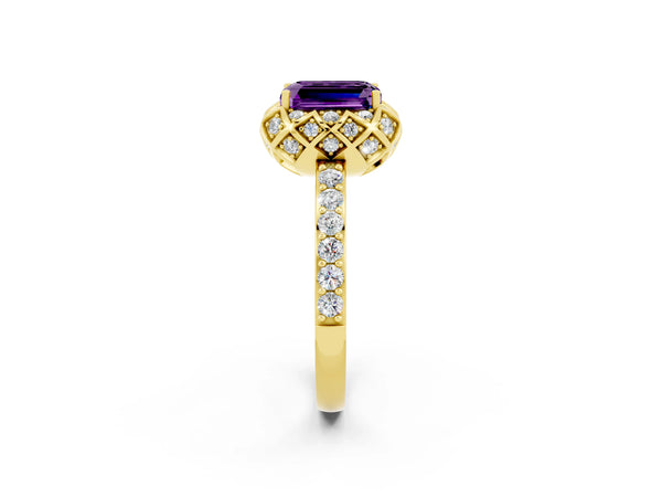 Yellow gold Emerald Cut Amethyst Scalloped Halo Engagement Ring with Round Shared Prong Band