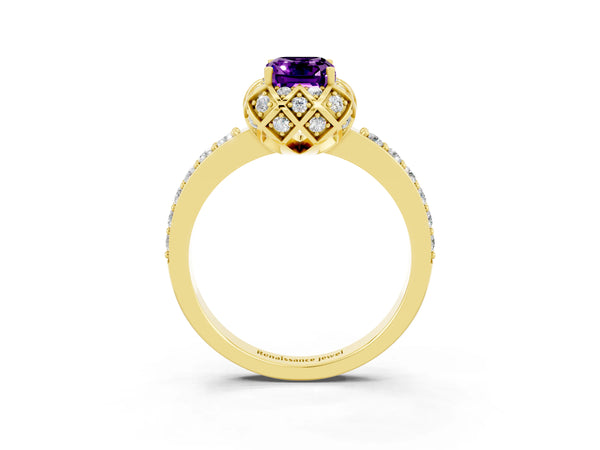 Yellow gold Emerald Cut Amethyst Scalloped Halo Engagement Ring with Round Shared Prong Band