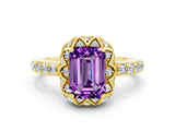 Yellow gold Emerald Cut Amethyst Scalloped Halo Engagement Ring with Round Shared Prong Band_24