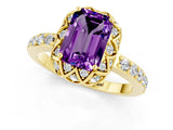 Yellow gold Emerald Cut Amethyst Scalloped Halo Engagement Ring with Round Shared Prong Band_25