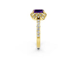 Yellow gold Emerald Cut Amethyst Scalloped Halo Engagement Ring with Round Shared Prong Band_26