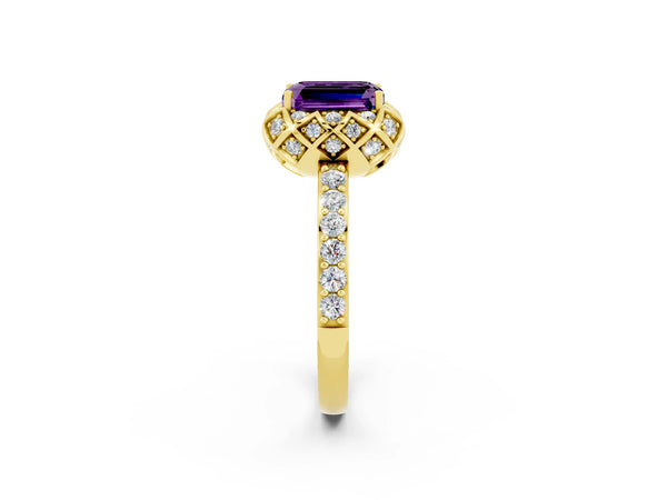 Yellow gold Emerald Cut Amethyst Scalloped Halo Engagement Ring with Round Shared Prong Band