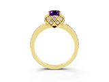 Yellow gold Emerald Cut Amethyst Scalloped Halo Engagement Ring with Round Shared Prong Band_27