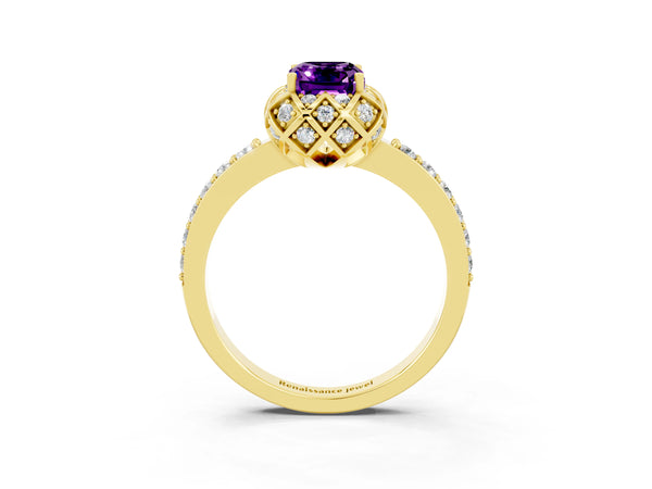 Yellow gold Emerald Cut Amethyst Scalloped Halo Engagement Ring with Round Shared Prong Band