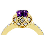 Yellow gold Emerald Cut Amethyst Scalloped Halo Engagement Ring with Round Shared Prong Band_28