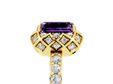 Yellow gold Emerald Cut Amethyst Scalloped Halo Engagement Ring with Round Shared Prong Band_29