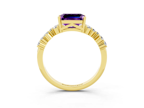 Yellow gold Emerald Cut Amethyst Scattered Round Accent Ring with Prong Setting