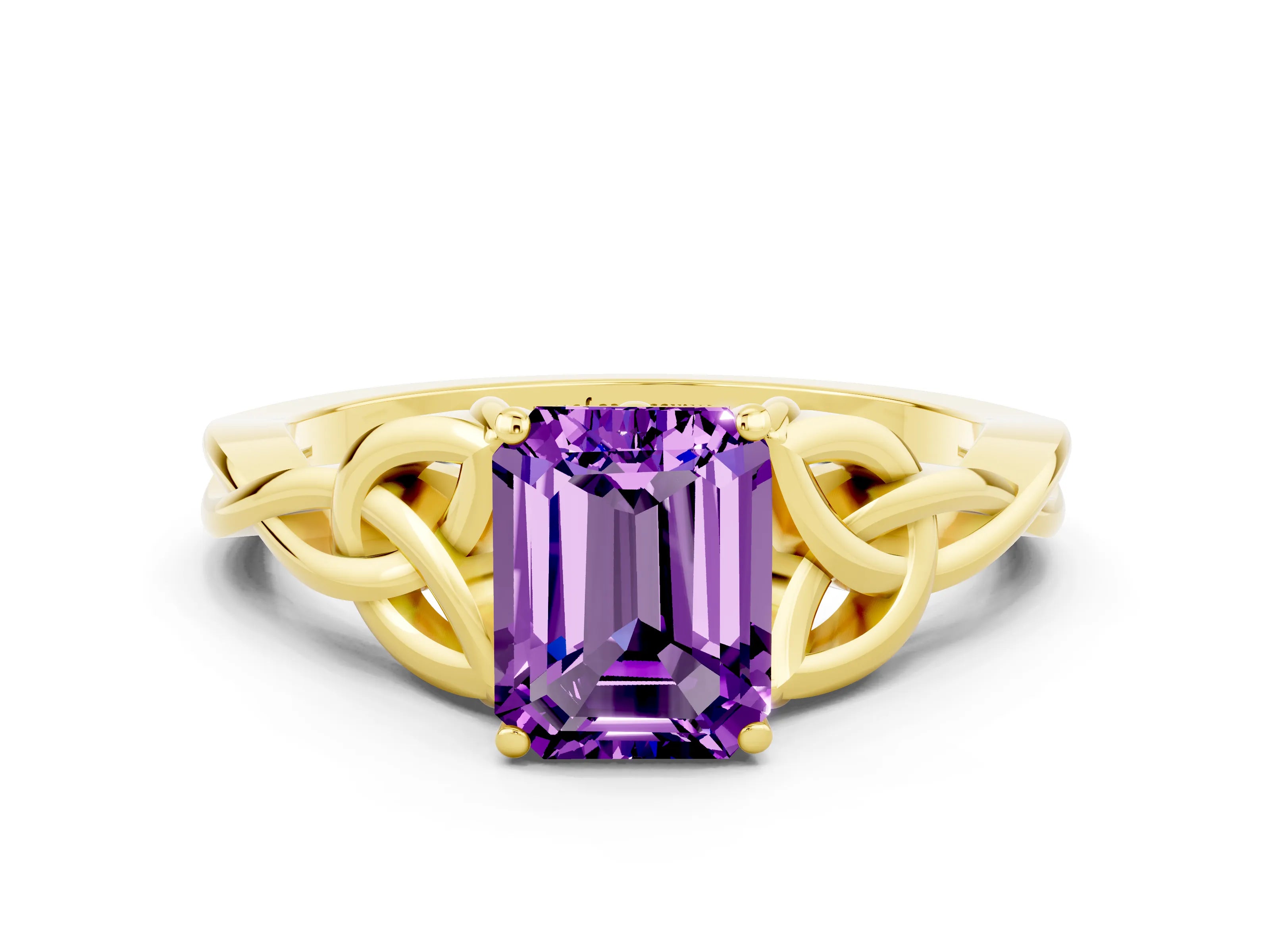 Yellow gold Emerald Cut Amethyst Solitaire Celtic Knot Ring with Four-Prong Setting_12