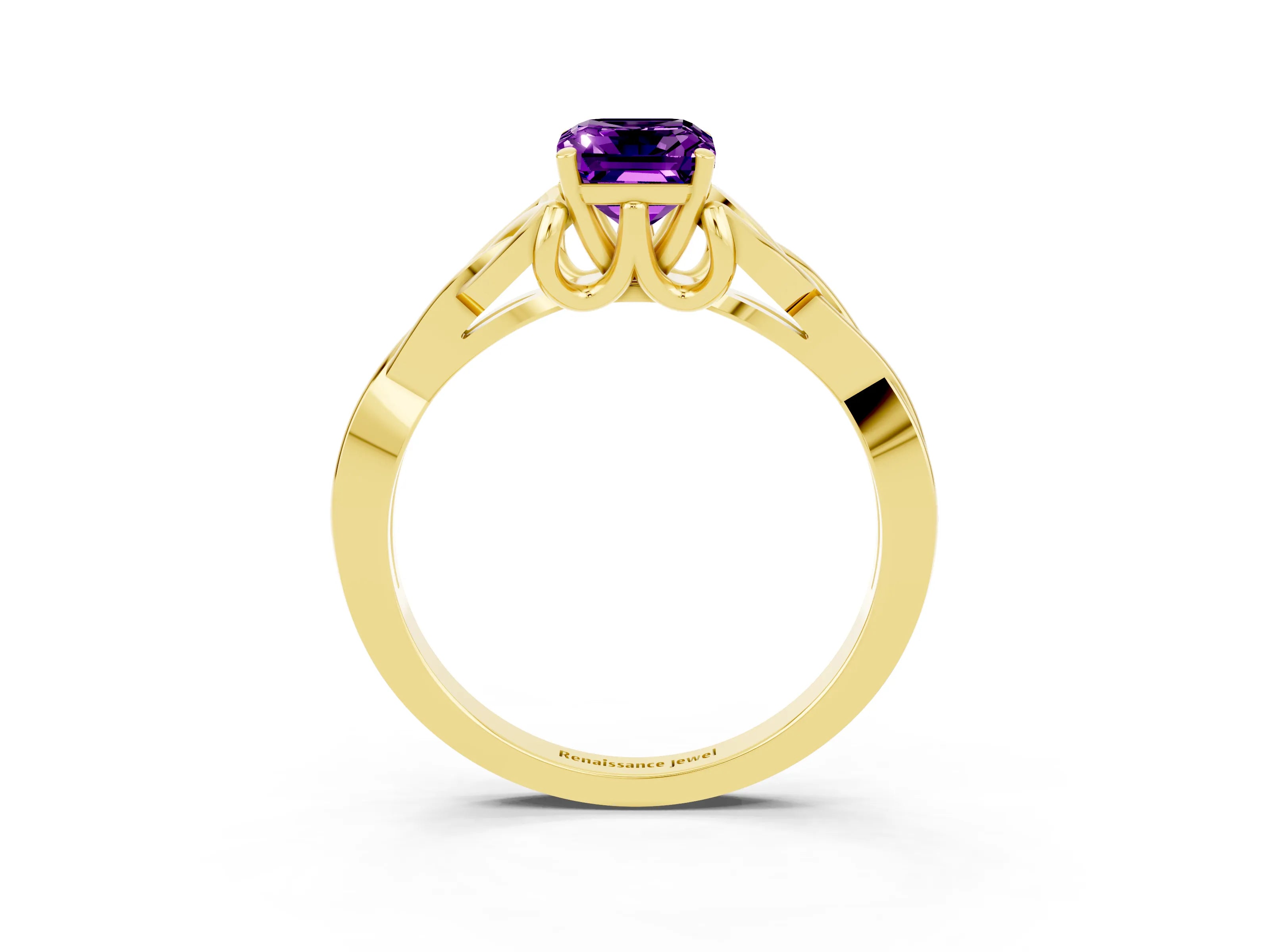 Yellow gold Emerald Cut Amethyst Solitaire Celtic Knot Ring with Four-Prong Setting_15