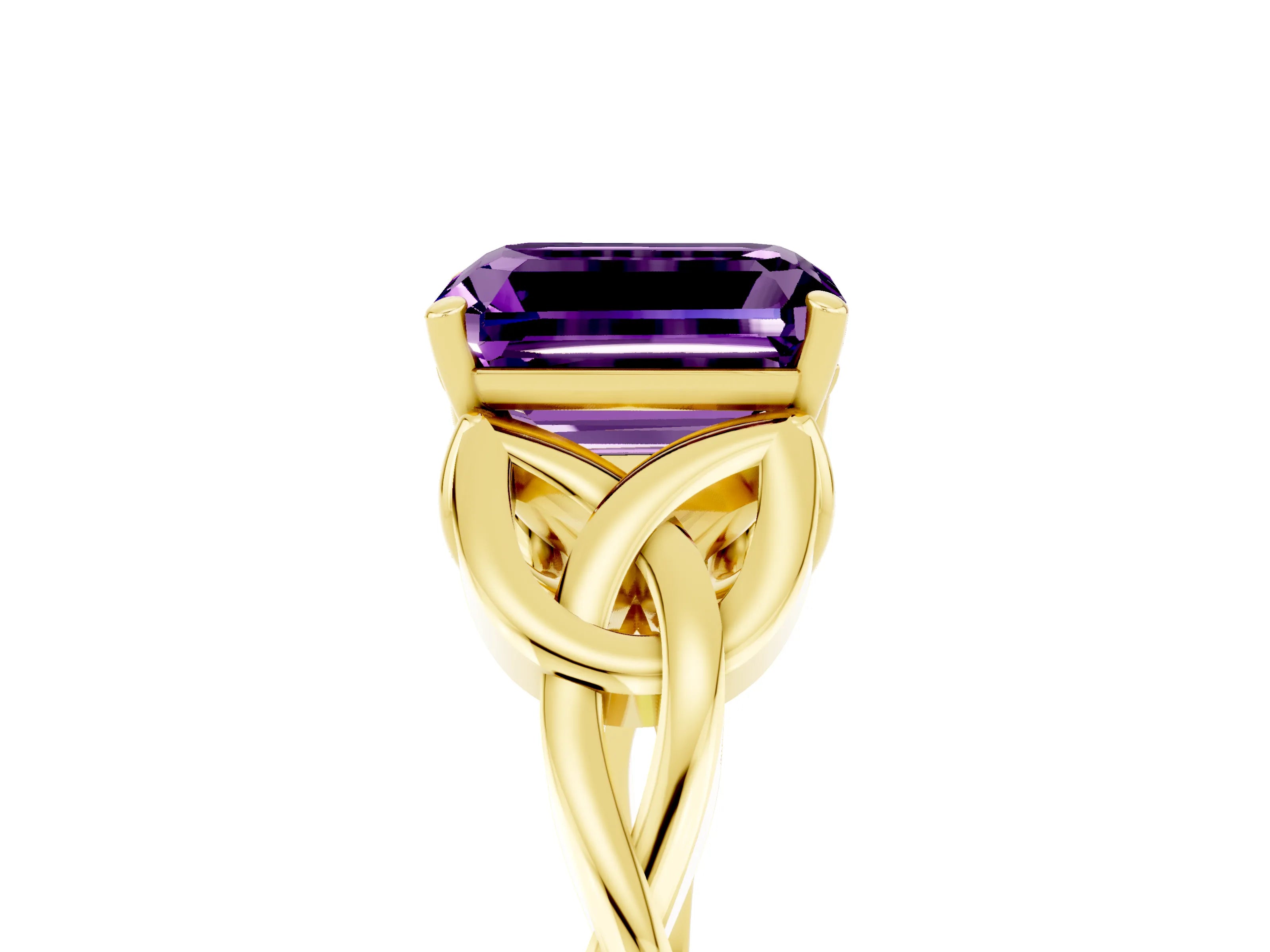 Yellow gold Emerald Cut Amethyst Solitaire Celtic Knot Ring with Four-Prong Setting_17