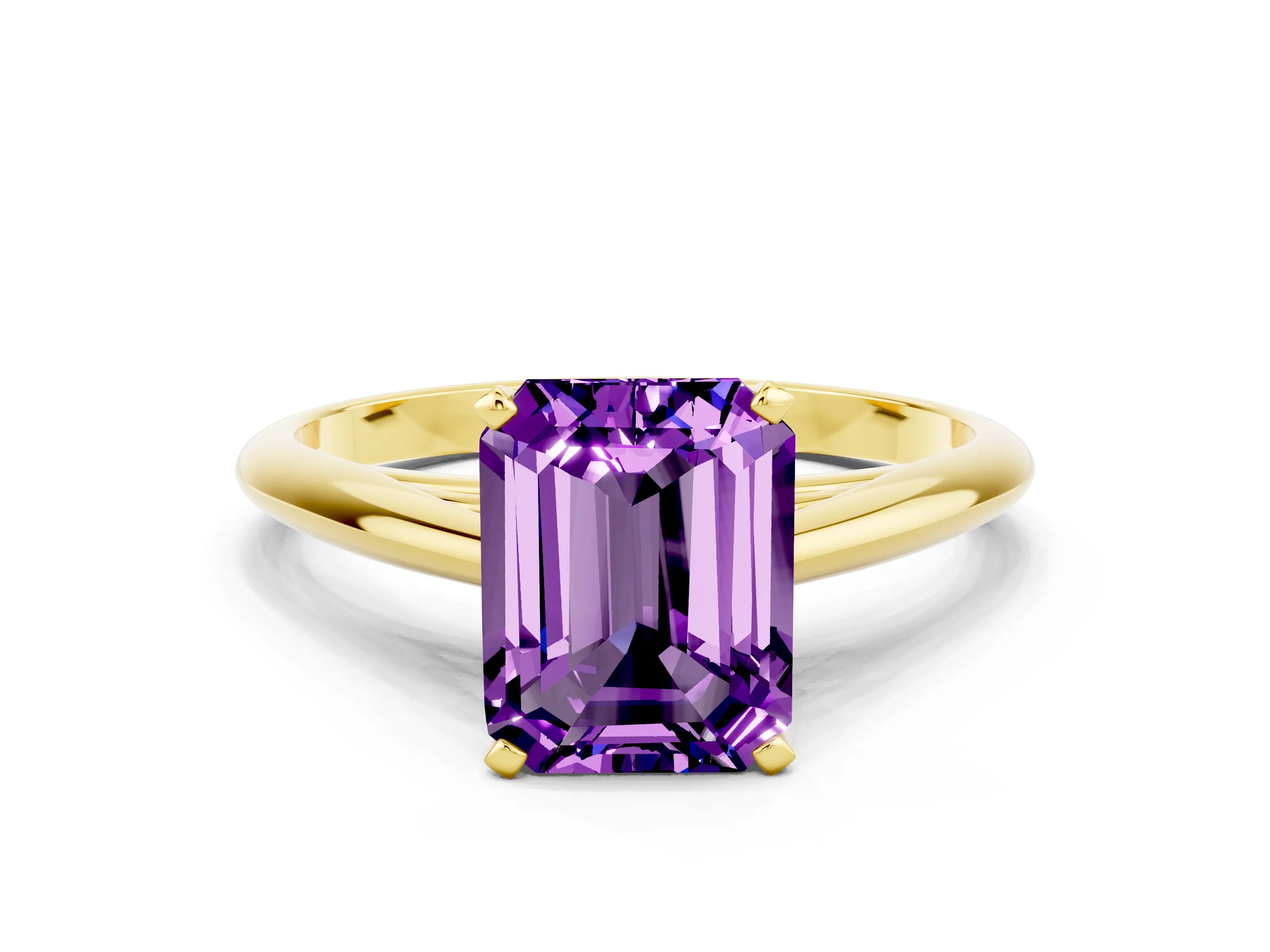 Yellow gold Emerald Cut Amethyst Solitaire Engagement Ring with Cathedral Setting and Four-Prong Mount_12