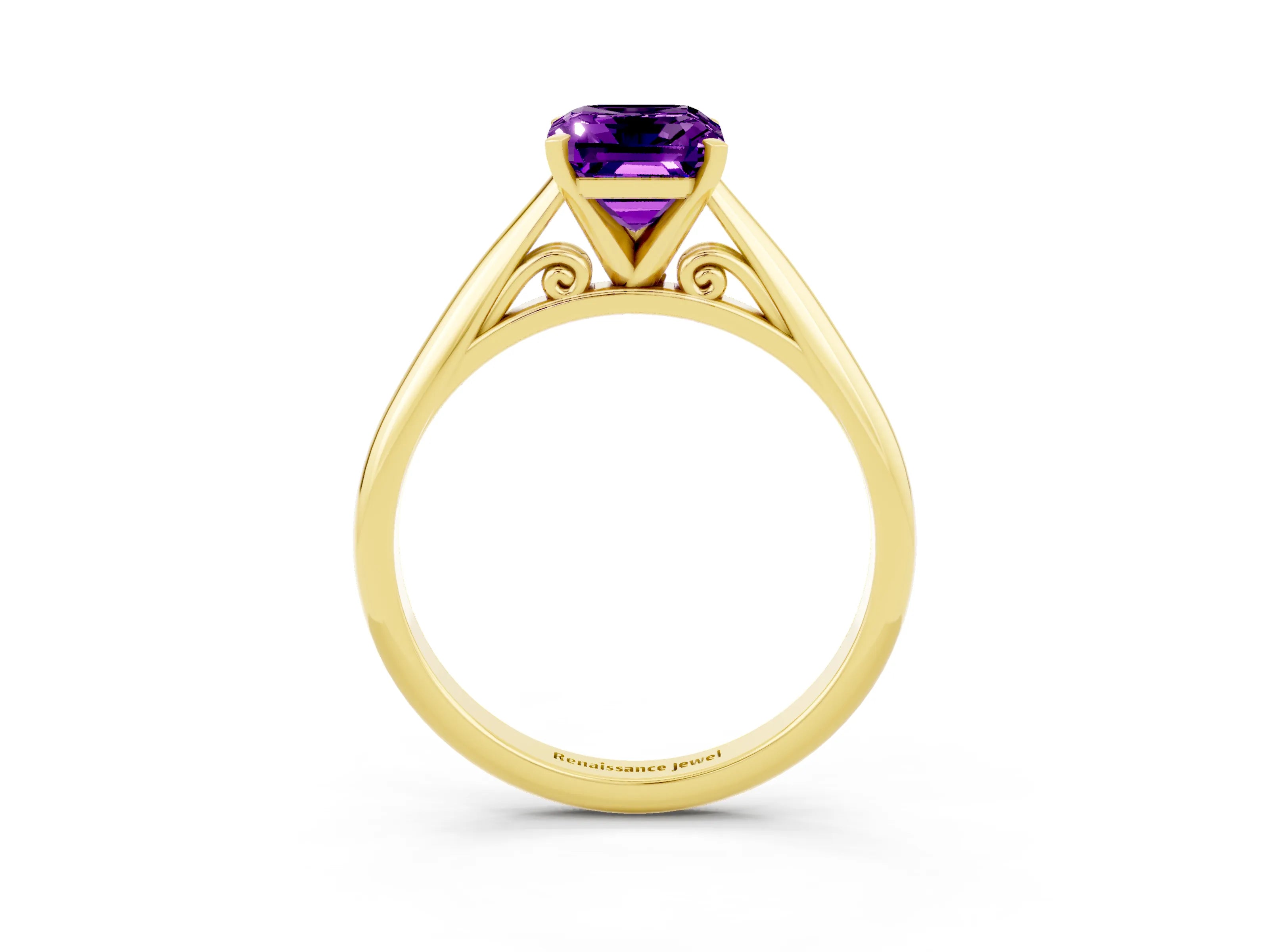 Yellow gold Emerald Cut Amethyst Solitaire Engagement Ring with Cathedral Setting and Four-Prong Mount_15
