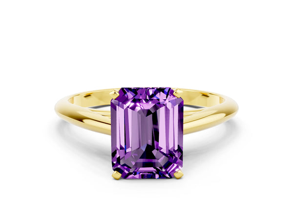 Yellow gold Emerald Cut Amethyst Solitaire Engagement Ring with Cathedral Setting and Four-Prong Mount