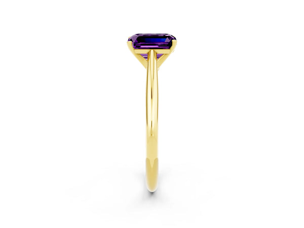 Yellow gold Emerald Cut Amethyst Solitaire Engagement Ring with Cathedral Setting and Four-Prong Mount