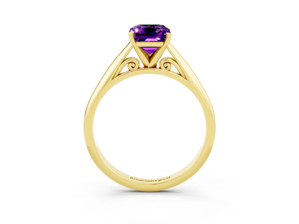 Yellow gold Emerald Cut Amethyst Solitaire Engagement Ring with Cathedral Setting and Four-Prong Mount