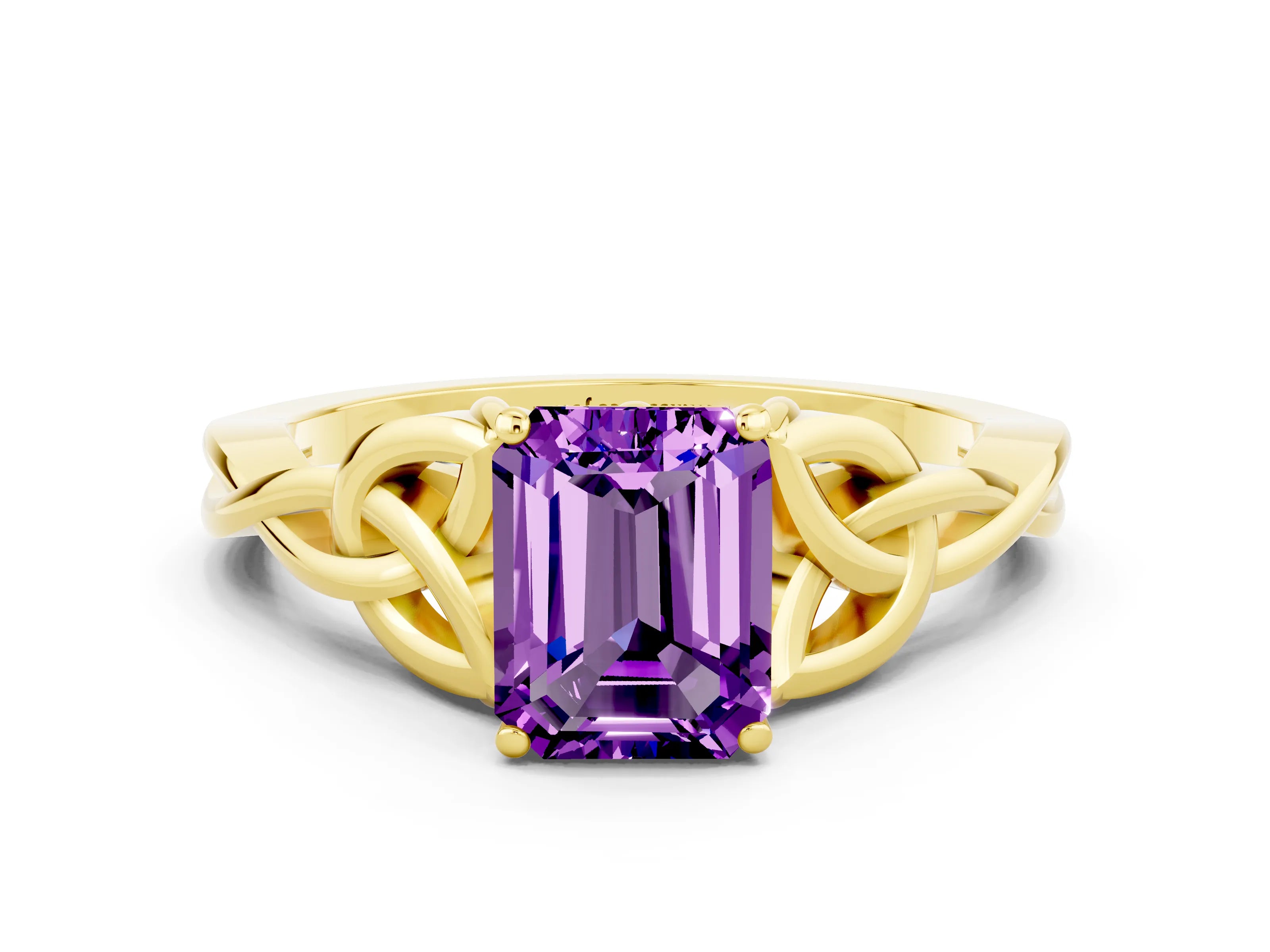 Yellow gold Emerald Cut Amethyst Solitaire Engagement Ring with Celtic Knot Band and Four-Prong Setting