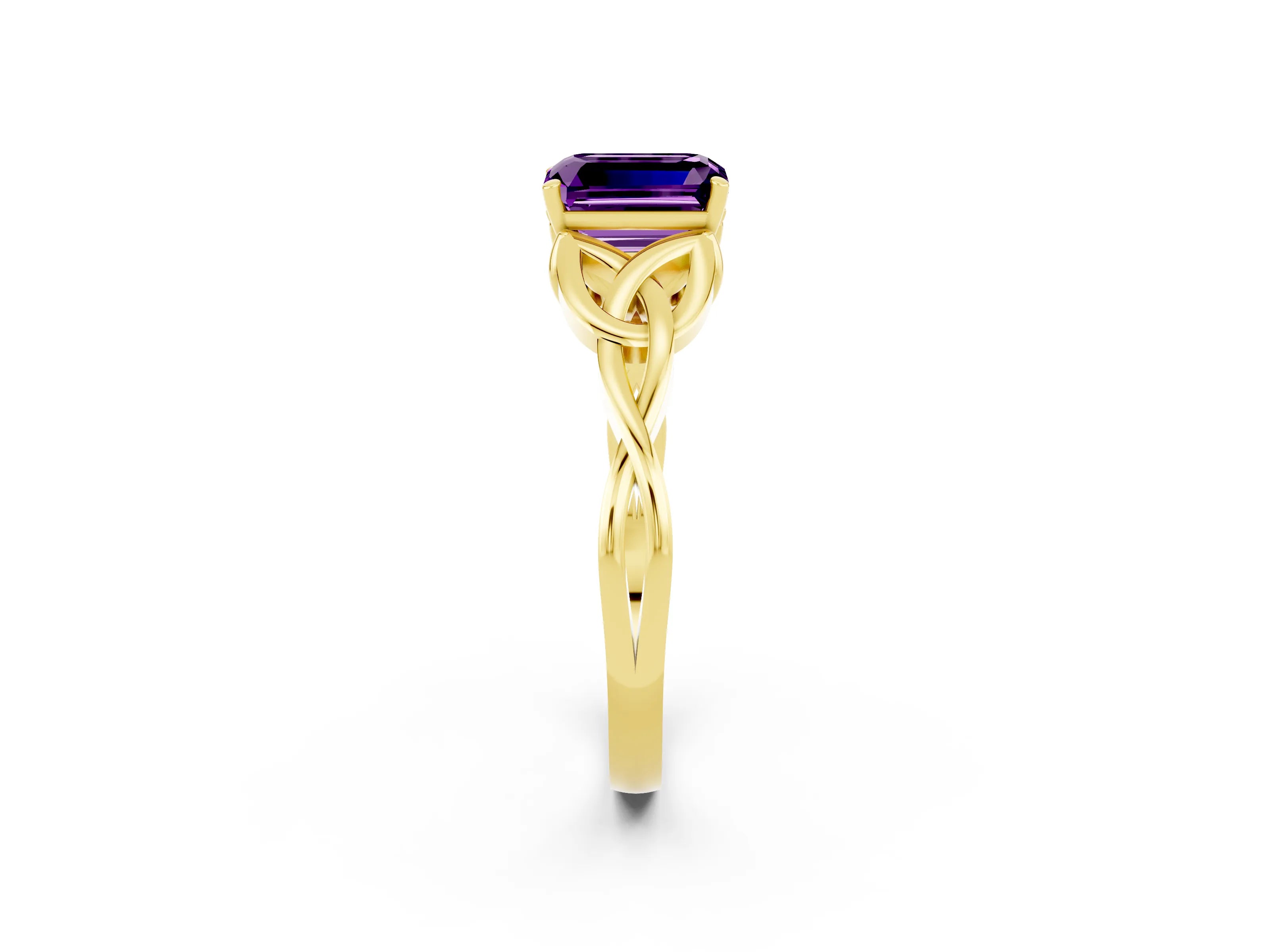 Yellow gold Emerald Cut Amethyst Solitaire Engagement Ring with Celtic Knot Band and Four-Prong Setting_2