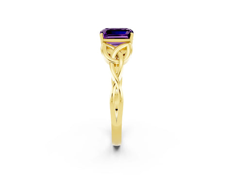 Yellow gold Emerald Cut Amethyst Solitaire Engagement Ring with Celtic Knot Band and Four-Prong Setting_2